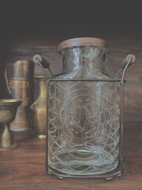 Embossed Floral Glass Vase w Metal Stand Frog Lid Apothecary Decor